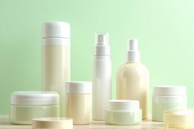 Glass jars and containers filled with natural creams, serums, and lotions, neatly arranged.